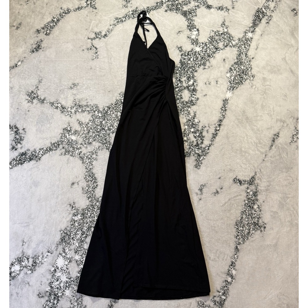 Go Couture Dress Womens Size S Black Halter Maxi Faux Wrap Ruched Modal Blend